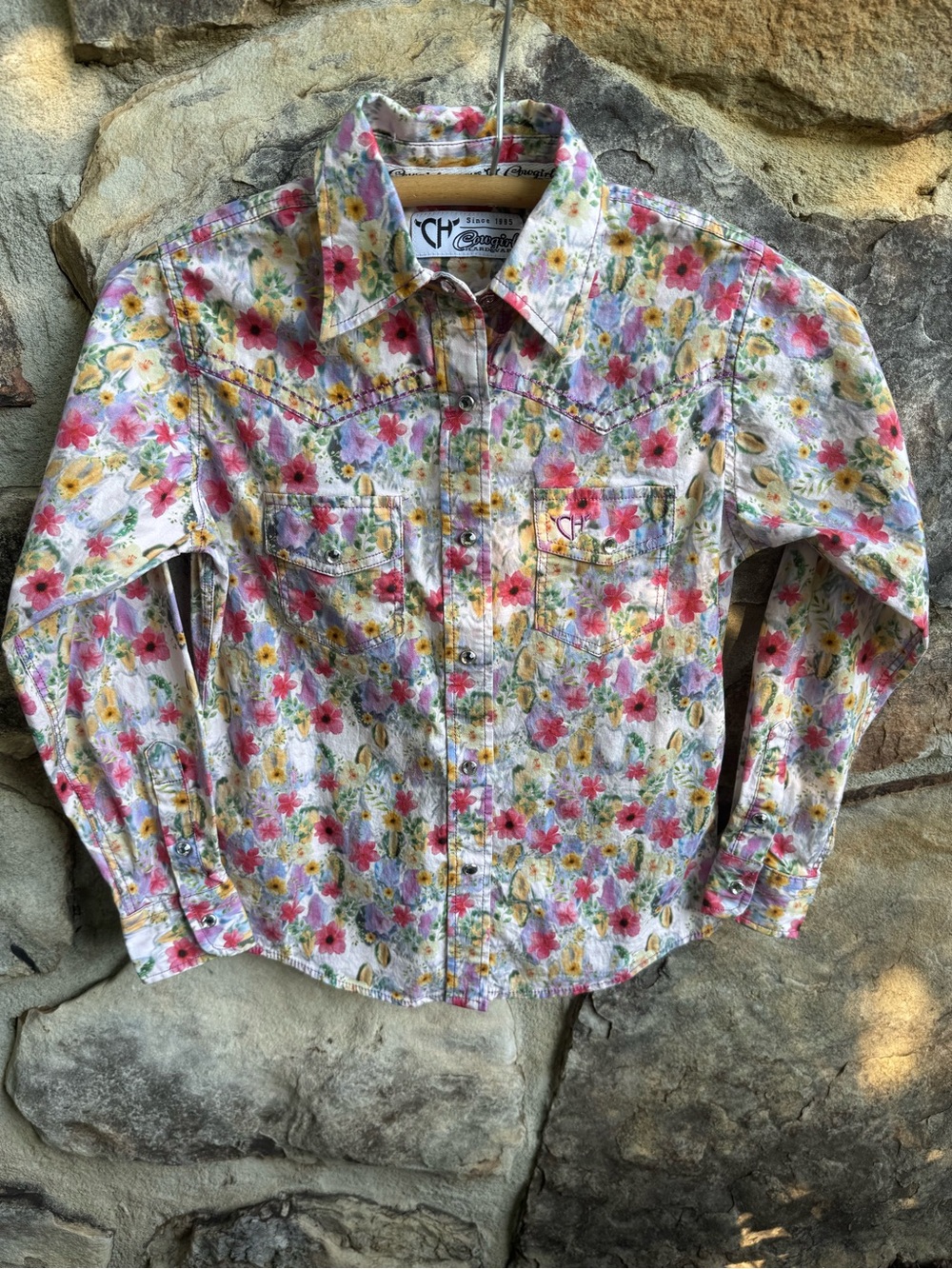 Cowgirl Hardware Floral Western Button-Down Shirt Rhinestone Girls Medium 7/8